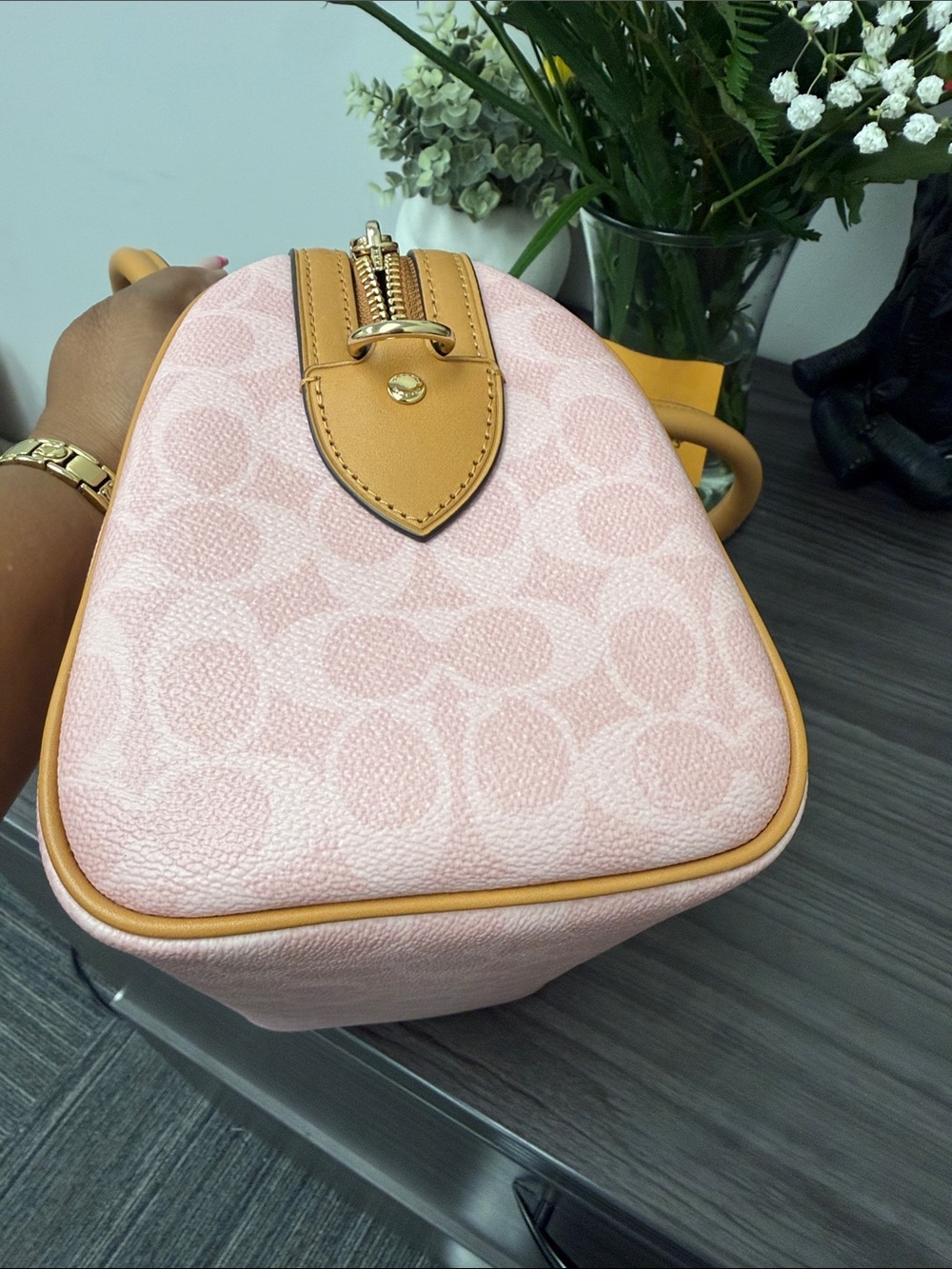 Coach Powder Pink Signature Canvas Rowan Satchel with Tan Leather Trim. Medium. - Picture 4 of 9